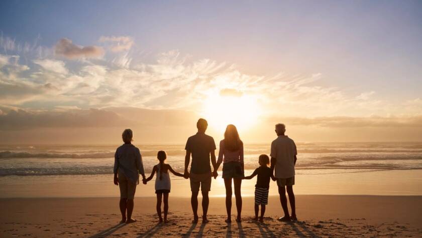 family of six standing on the beach