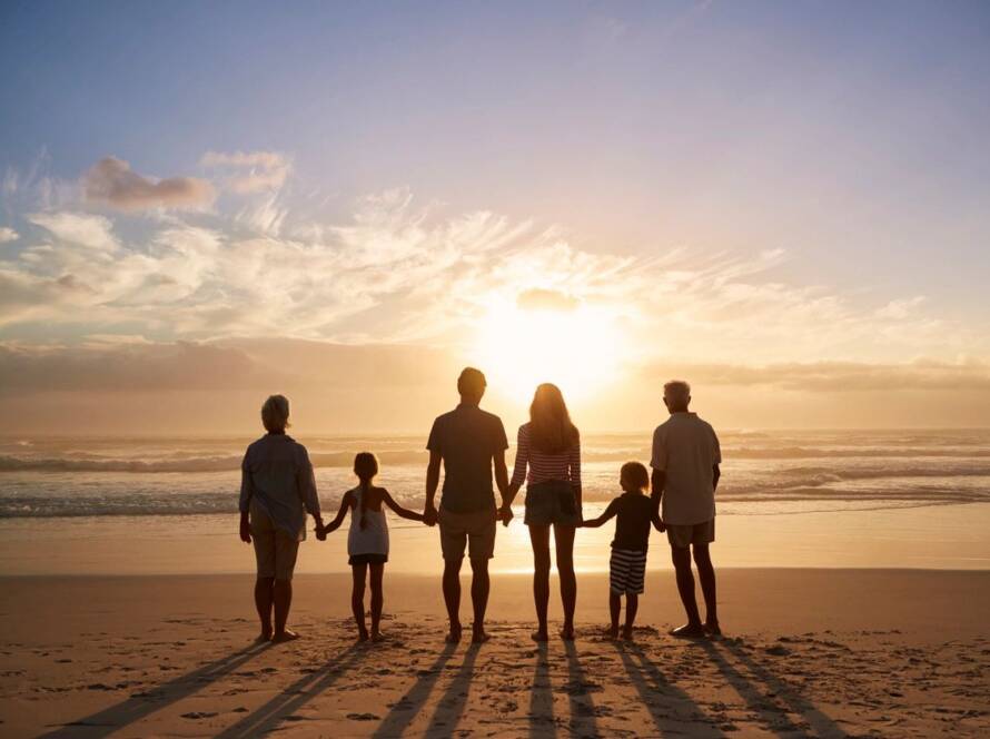 family of six standing on the beach